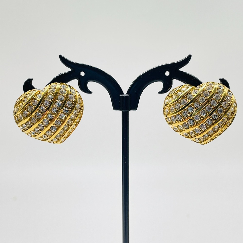 Vintage Gold Tone Rhinestone Heart Clip On Earrings Ribbed Domed Statement 80s